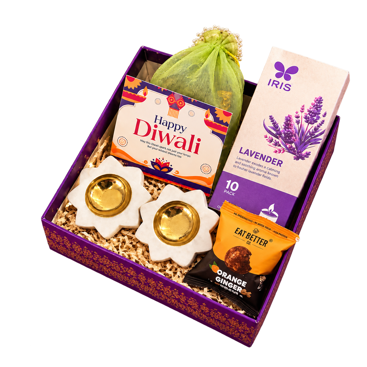 Inside the festive hamper: flower-shaped diyas, lavender fragrance, treats and a Diwali greeting