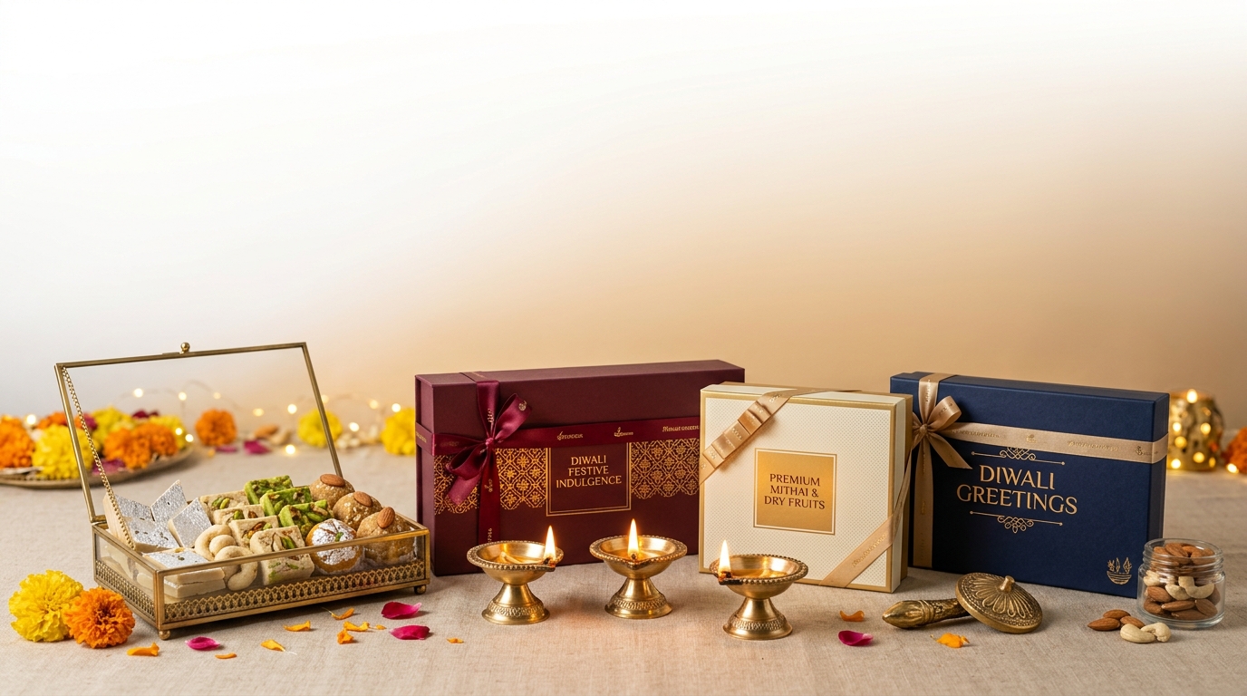 A cluster of premium Diwali gift boxes and brass diyas